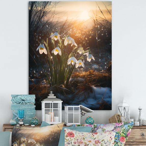 Designart "Verdant Snowdrop Winter Sunset" Snowdrops Canvas Art Print