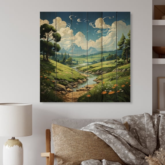 Designart "Verdant Valley in the Countryside II" Landscapes Print on Natural Pine Wood