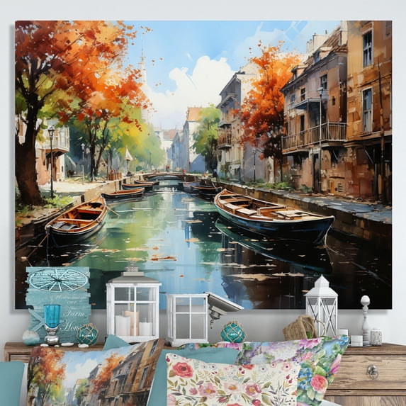 Designart "Verdant Waterway Peaks Contrast" Canals Canvas Art Print