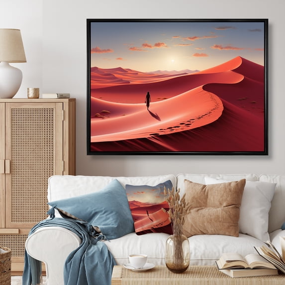 Designart "Vermilion Wanderer Exploring Red and Yellow Dunes II" Landscapes Framed Wall Art - Global Red Desert Living Room Framed Canvas Art