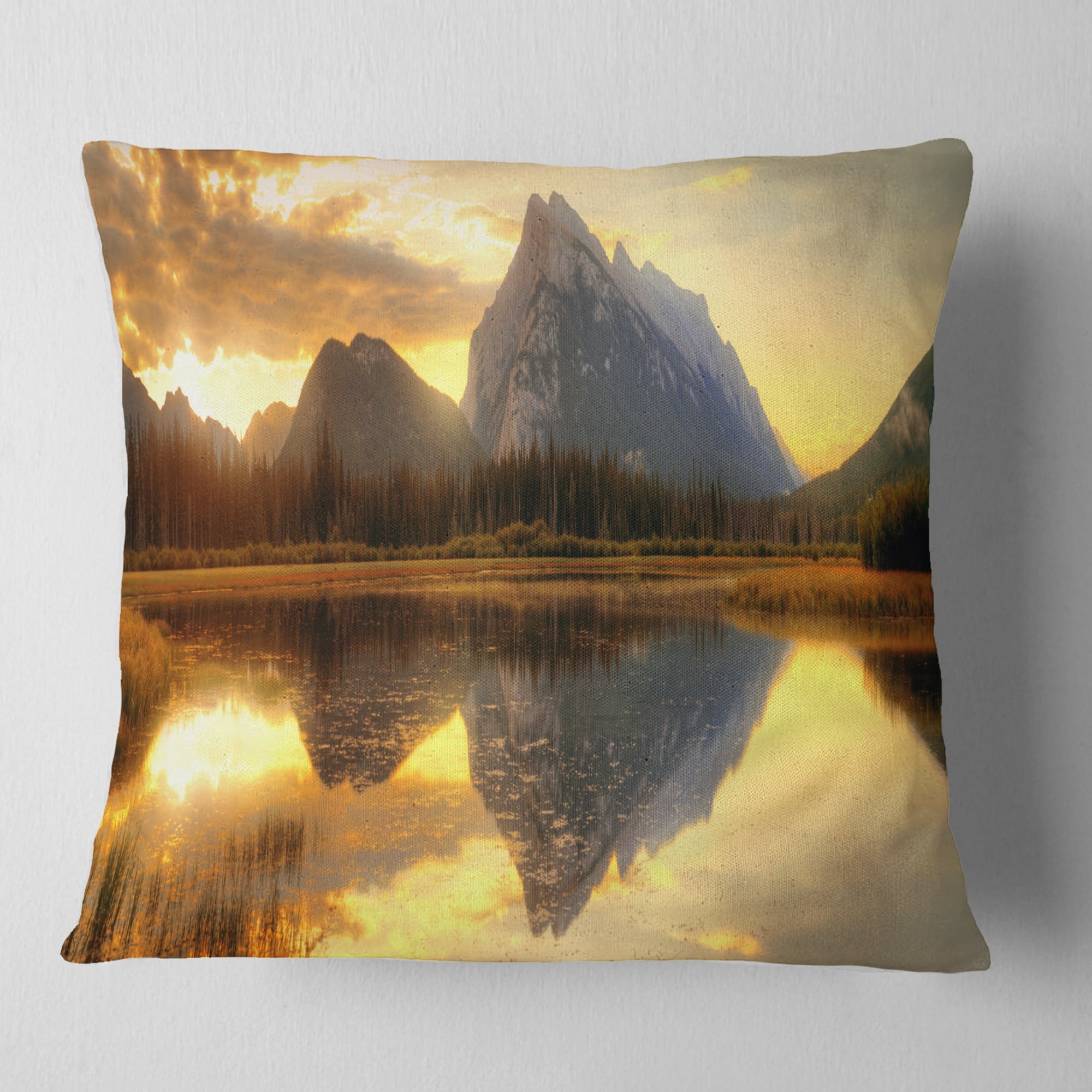 Designart Vermillion Lake Sunrise in Banff Park - Landscape Printed Throw Pillow - 18x18