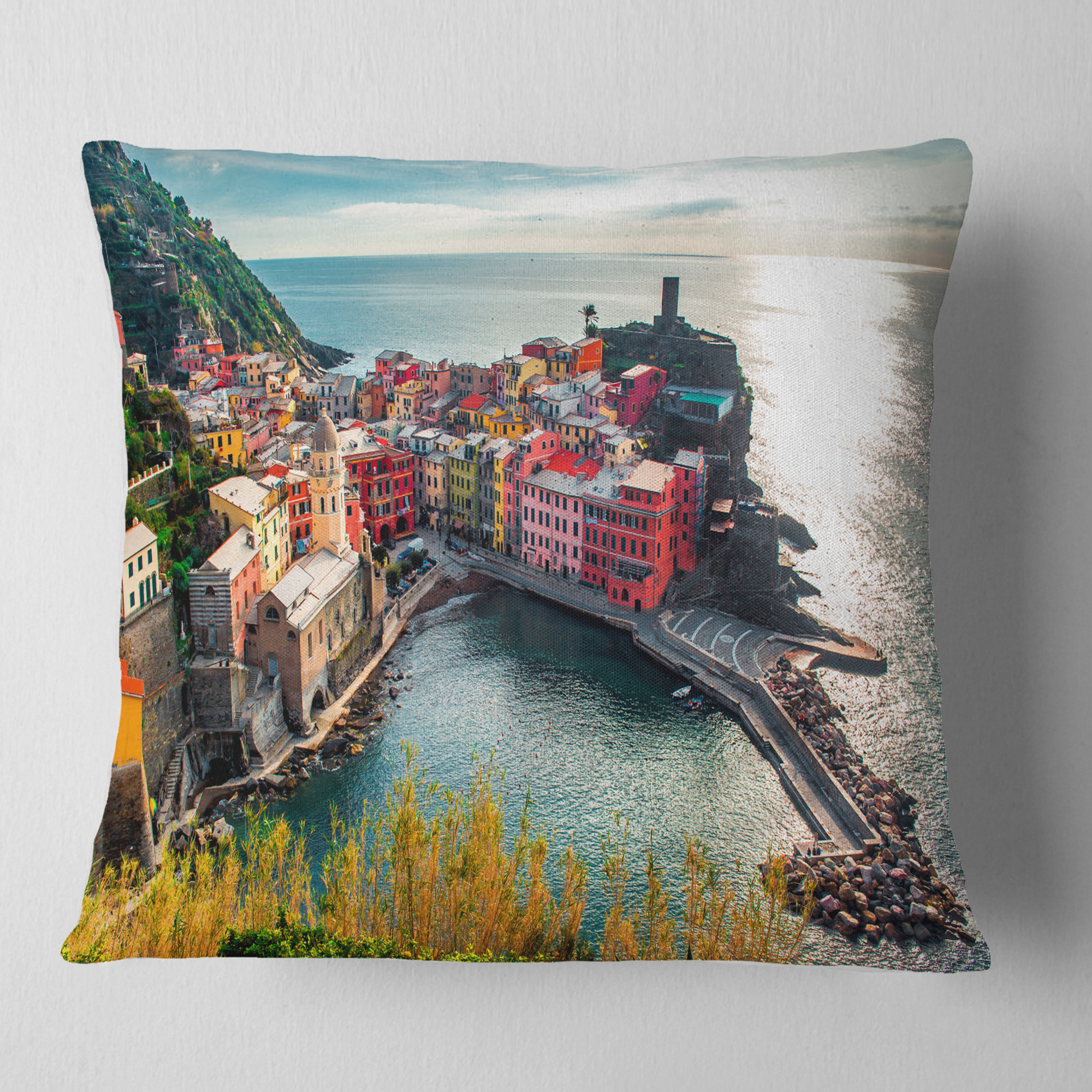 Designart Vernazza Bay Aerial View - Seascape Throw Pillow - 16x16