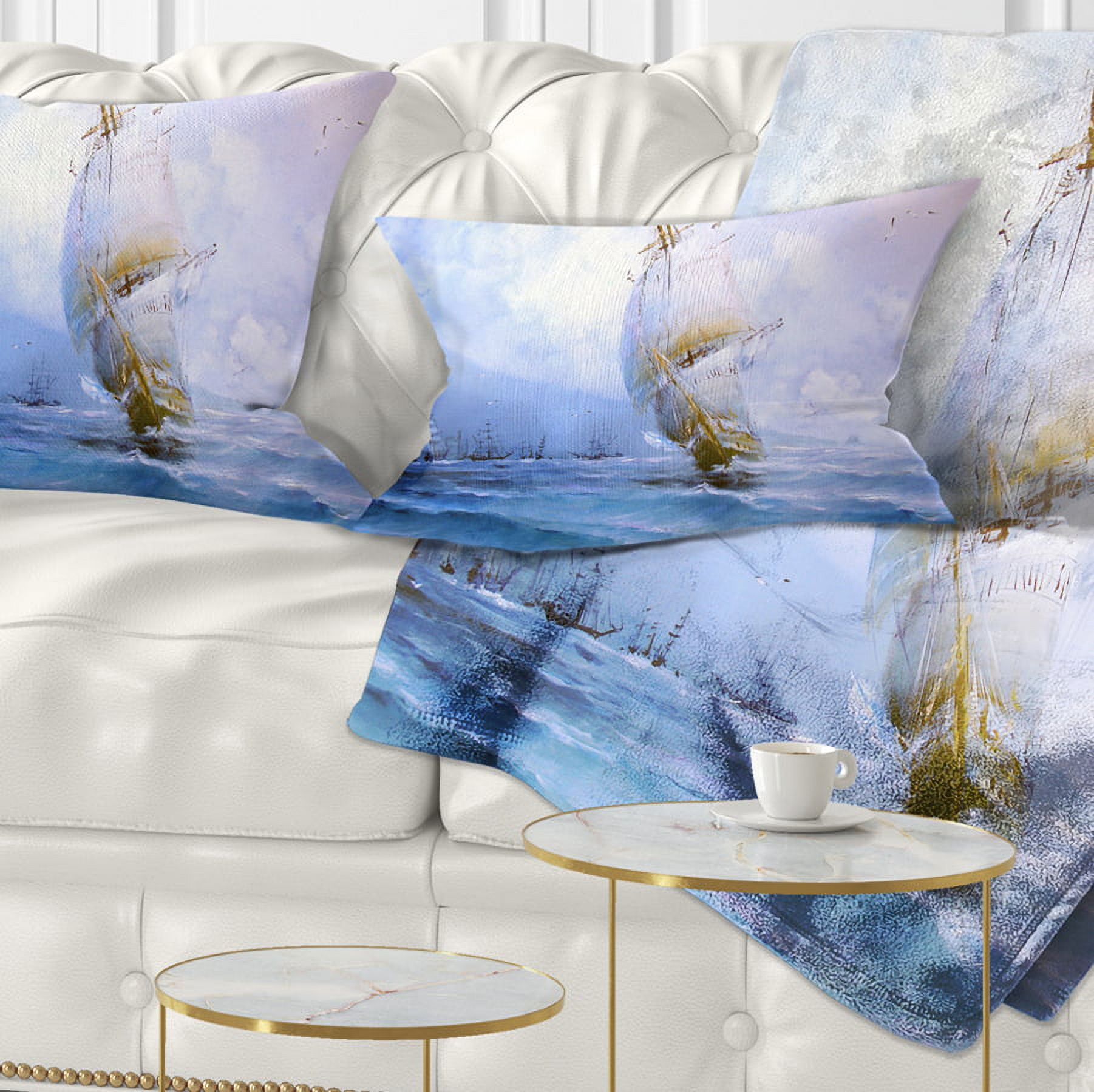Designart Vessel in Blue Sea - Seascape Throw Pillow - 12x20