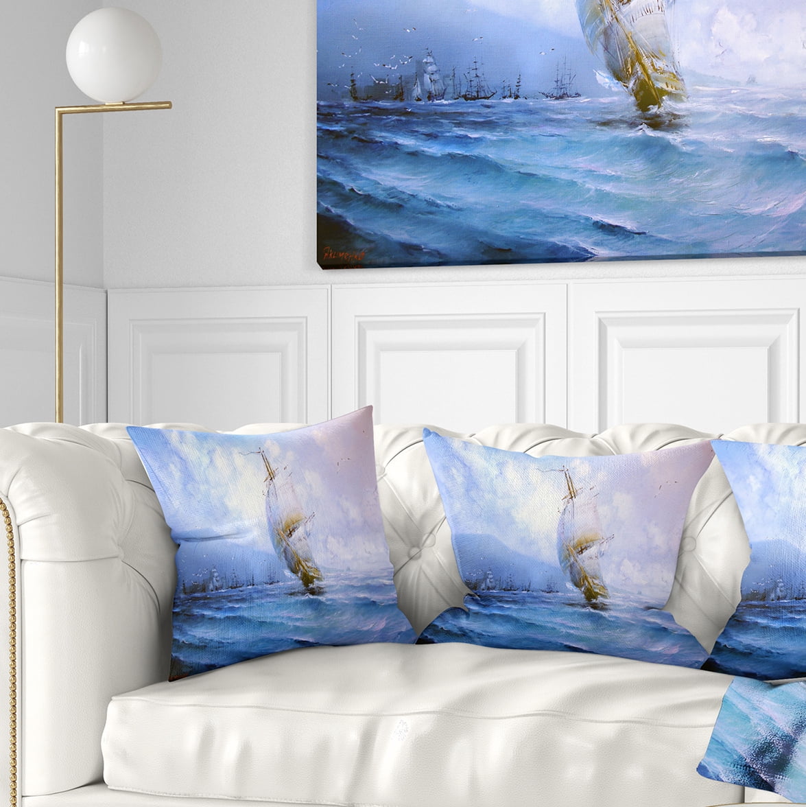 Designart Vessel in Blue Sea - Seascape Throw Pillow - 18x18