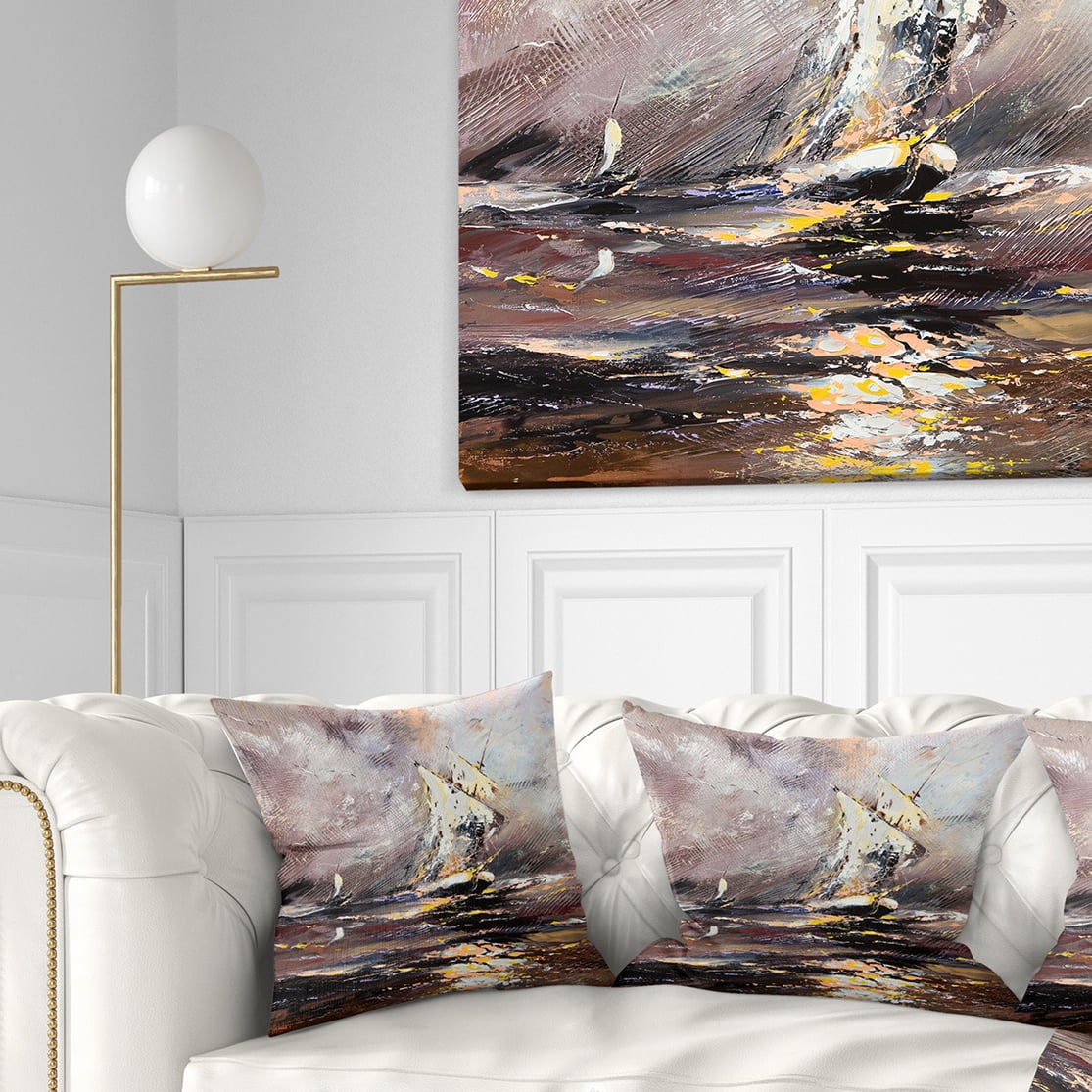 Designart Vessel in Stormy Sea - Seascape Throw Pillow - 18x18