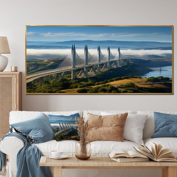 Designart "Viaduct Bridge Sunrise in Italy with Blue Tones I" Extra Large Architecture Framed Wall Art - Traditional Blue Bridges Entryway Framed Wall Art
