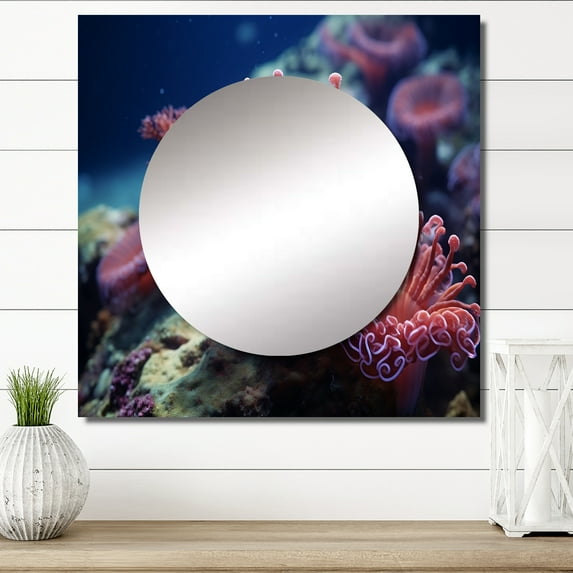 Designart "Vibrant Anemone Reef" coastal coral under water Square Mirror Wall Decor Coastal - Large Pink Square Bathroom Mirror - Square Printed Wall Mirror Art
