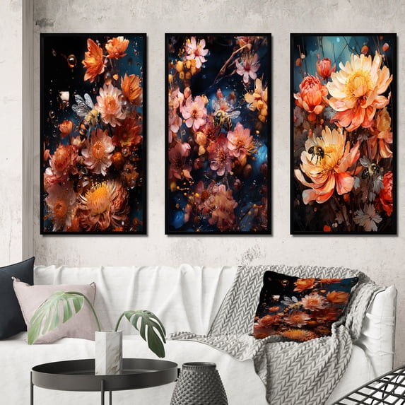 Designart "Vibrant Bee III" Floral Framed Wall Art Set Of 3 - Peach Floral Frame Gallery Wall Set For Home Decor
