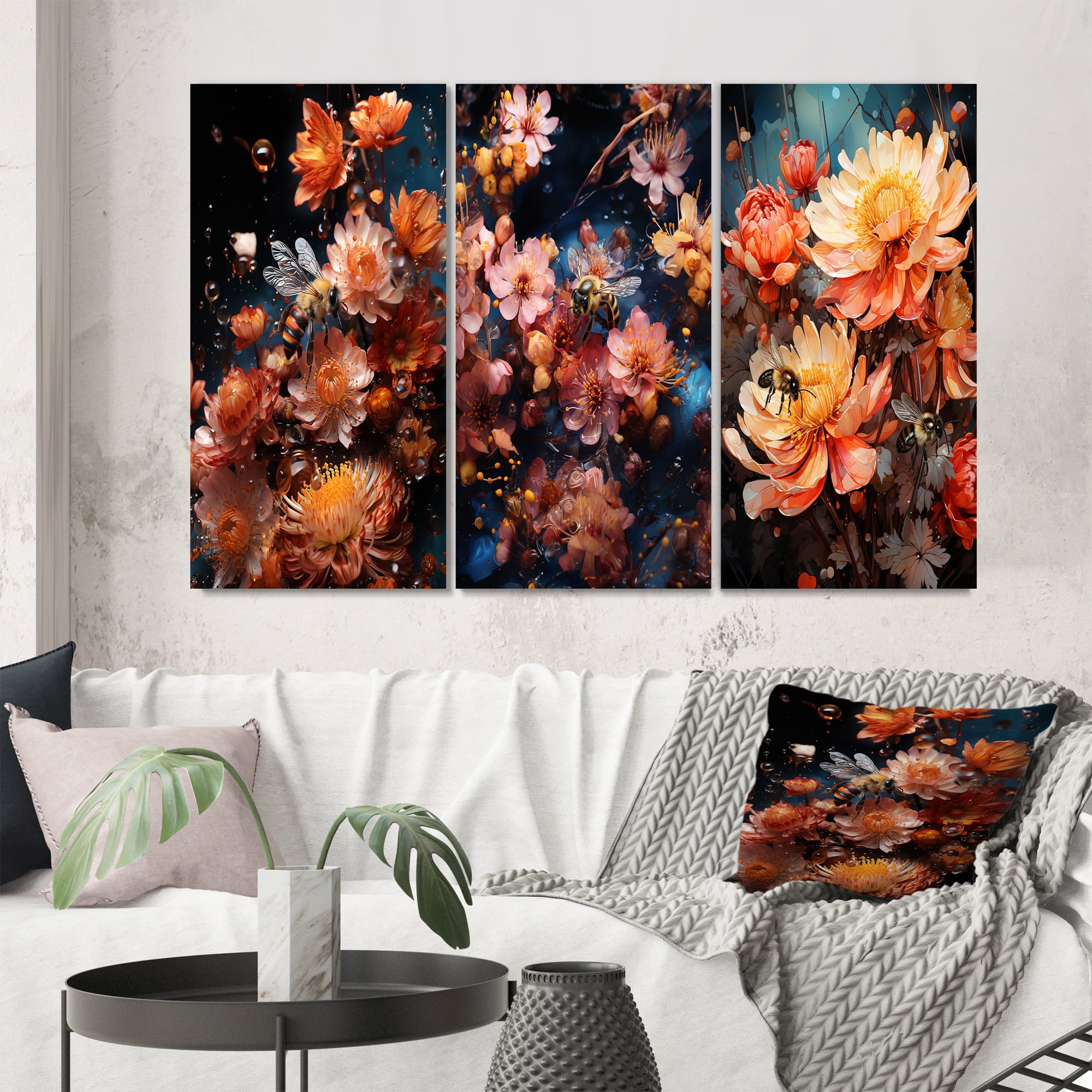 Designart "Vibrant Bee III" Floral Wall Art Set Of 3 Peach Floral