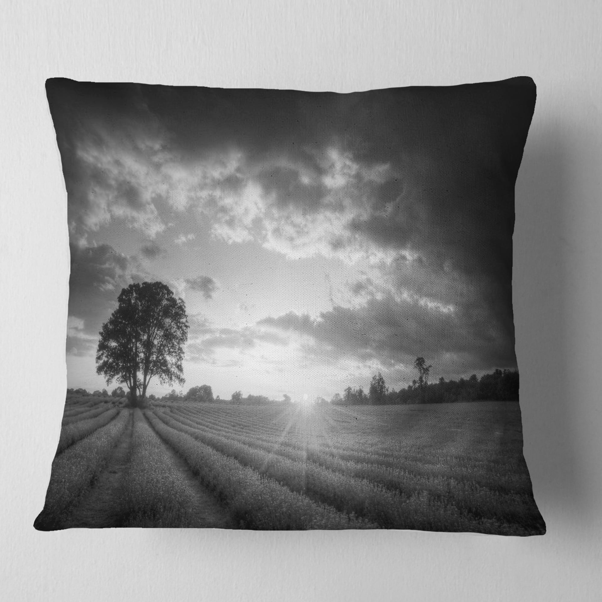 Designart Vibrant Black White Lavender Field - Landscape Printed Throw Pillow - 18x18