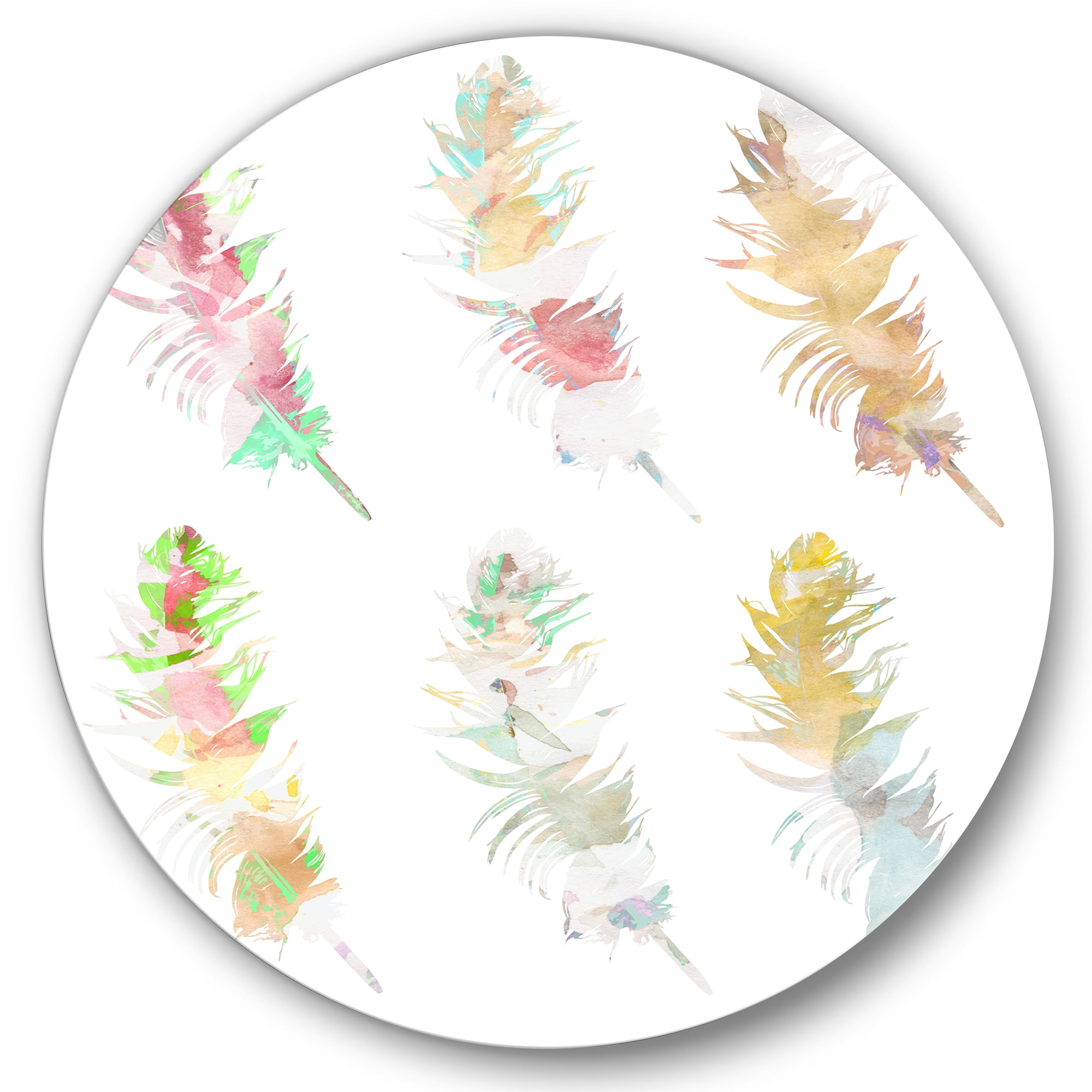 Designart 'Vibrant Boho Art Feather In Rustic Bright Colors' Bohemian & Eclectic Circle Metal Wall Art 11x11 - Disc of 11