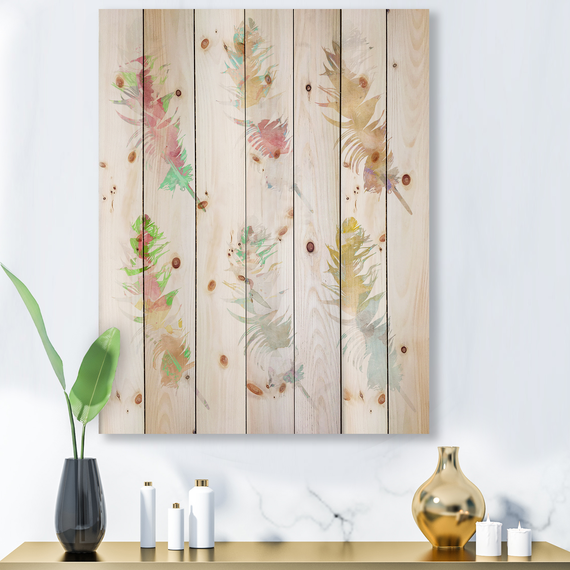 Designart 'Vibrant Boho Art Feather In Rustic Bright Colors' Bohemian & Eclectic Print on Natural Pine Wood