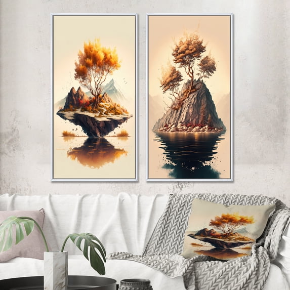 Designart "Vibrant Bonsai on Rock I" Tree Bonsai Framed Wall Art Set Of 2 - Orange Landscapes Framed Canvas Set For Living Room Decor