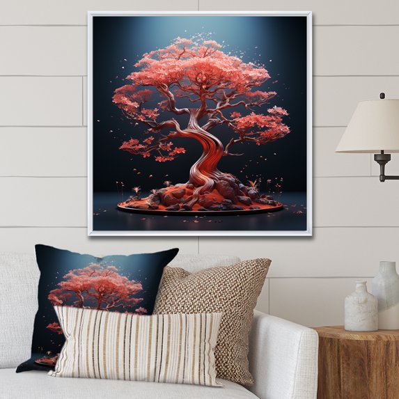 Designart "Vibrant Coral Bonsai Bliss" Tree Bonsai Floater Framed Canvas Prints
