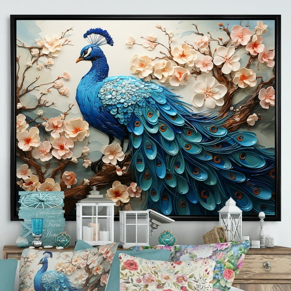 Designart "Vibrant Display Of A Peacock Amidst Flowers II" Animals Peacock Floater Framed Wall Art Prints