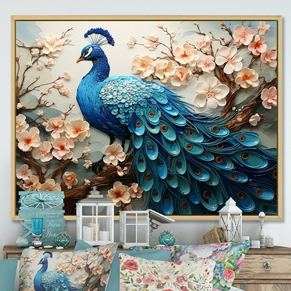 Designart "Vibrant Display Of A Peacock Amidst Flowers II" Animals Peacock Floater Framed Wall Art Prints