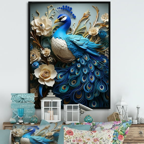 Designart "Vibrant Display Of A Peacock Amidst Flowers IV" Animals Peacock Floater Framed Canvas Wall Art
