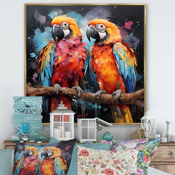 Designart "Vibrant Duets Featuring Parrots" Parrot Floater Framed Canvas Art Print