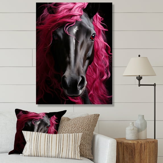 Designart "Vibrant Equine Black and Pink Horse Majesty I" Animals Canvas Print