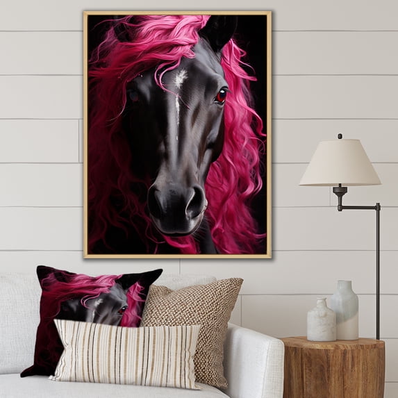 Designart "Vibrant Equine Black and Pink Horse Majesty I" Animals Floater Framed Canvas Print