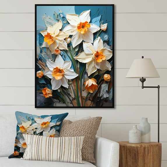 Designart "Vibrant Fauvist Brushwork In Daffodils" Daffodils Floater Framed Wall Art Living Room