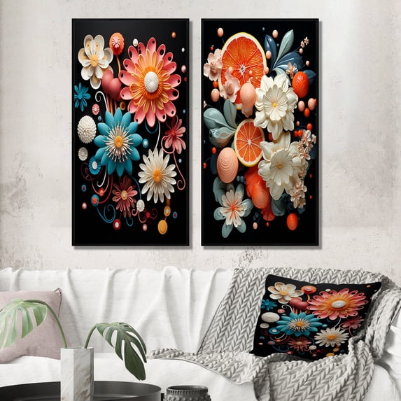 Designart "Vibrant Flowers on Black Funky Foliage I" Abstract Botanicals Framed Wall Art Set Of 2 - Modern Black Framed Canvas Set For Living Room Decor
