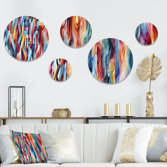 Designart "Vibrant Geometric Optical Play" Geometric Round Wall Art Set Of 5 - Multicolor Modern Living Room Wall Metal Art Set