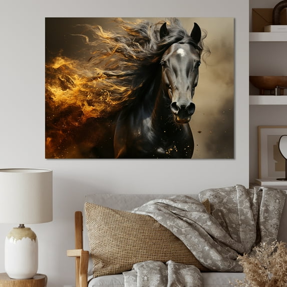 Designart "Vibrant Gold Black Yellow Horse I" Animals Wall Art Living Room