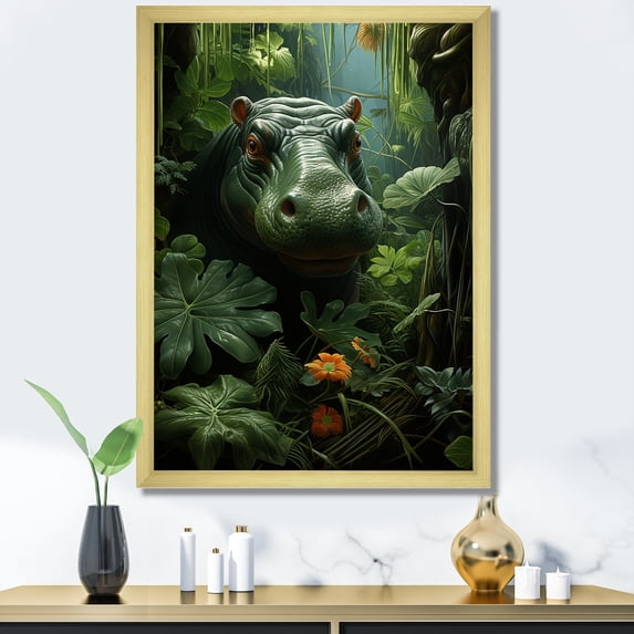 Designart "Vibrant Green Hippo Portrait" Animals Framed Wall Art - Modern Green Hippopotamus Hallway Framed Wall Art Decor