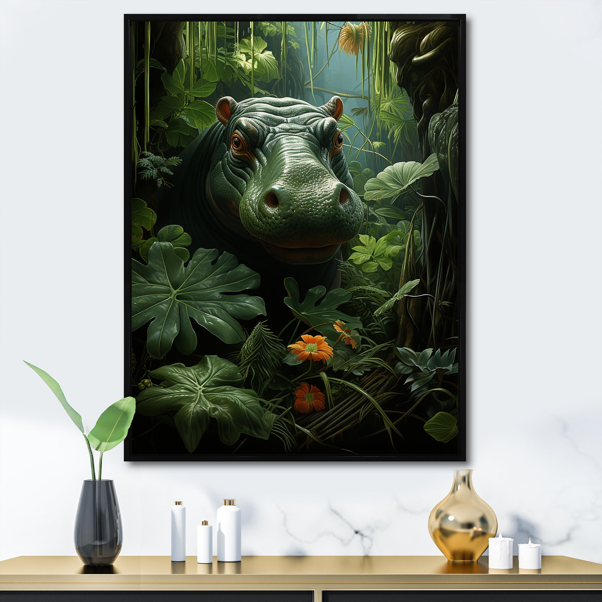 Designart "Vibrant Green Hippo Portrait" Animals Framed Wall Art