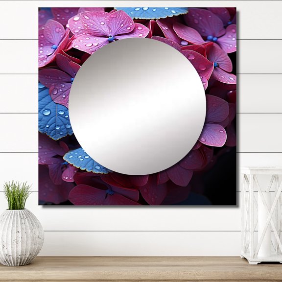 Designart "Vibrant Harmony With Neon Pink Hydrangea" Hydrangea Pink Large Square Mirror - Square Bedroom Mirror Printed Wall Decor - Traditional Square Printed Wall Mirror Art
