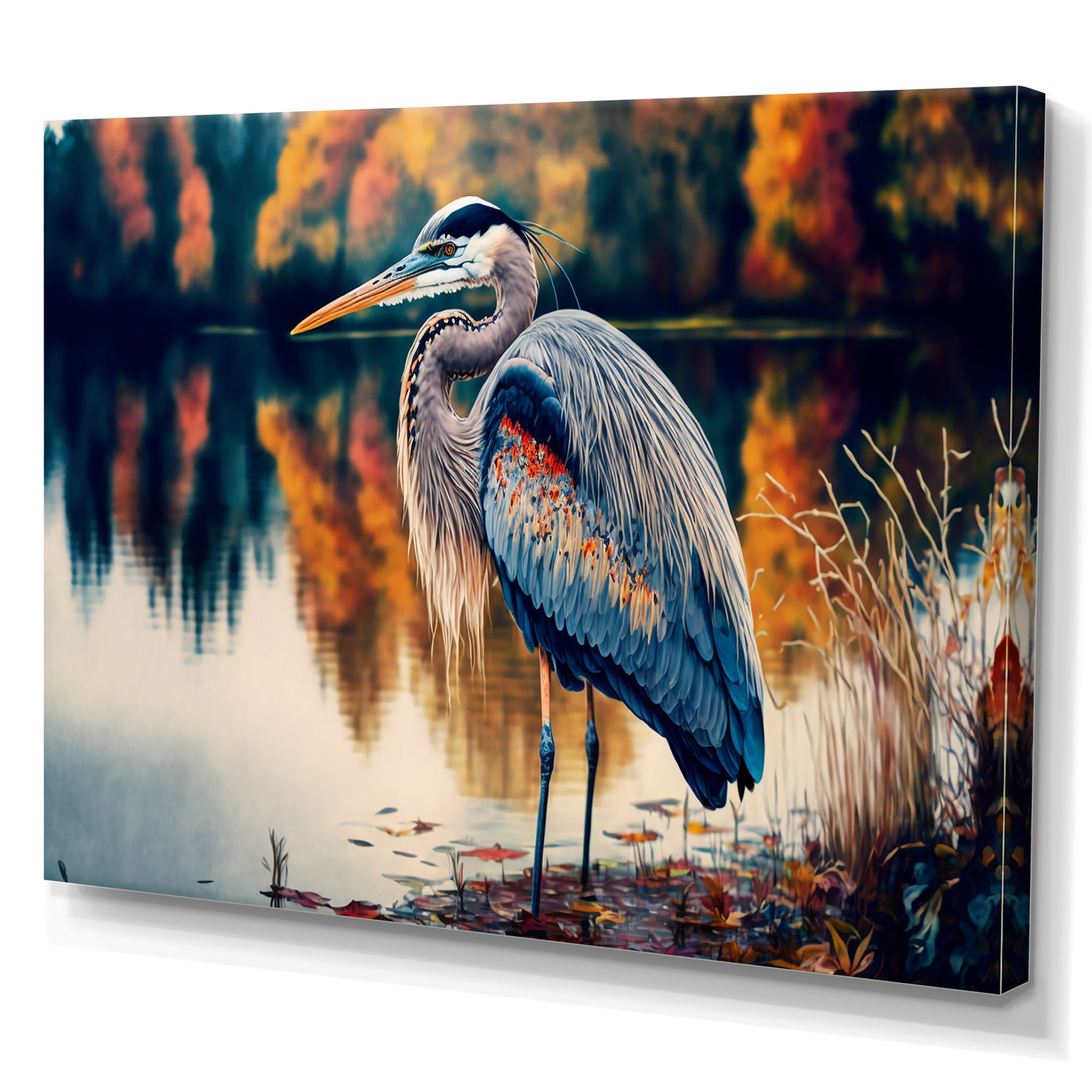 Designart Vibrant Heron In A Lake Floral Art III Canvas Wall Art
