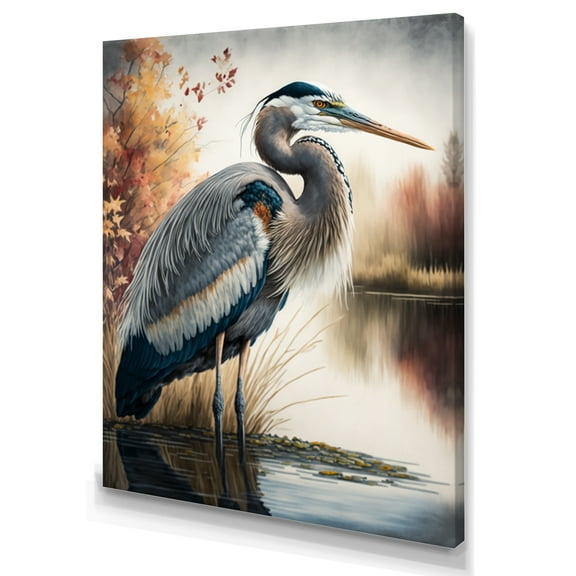 Designart Vibrant Heron In A Lake Floral Art IV Canvas Wall Art