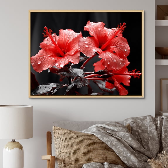 Designart "Vibrant Hibiscus in Coral" Floral Floater Framed Wall Art Print