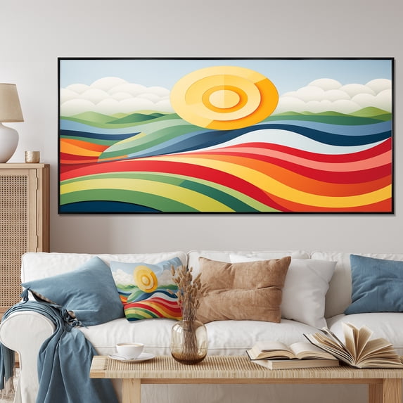 Designart "Vibrant Horizons Yellow and Red Landscapes" Extra Large Landscapes Framed Wall Art - Modern Yellow Abstract Landscapes Entryway Framed Wall Art