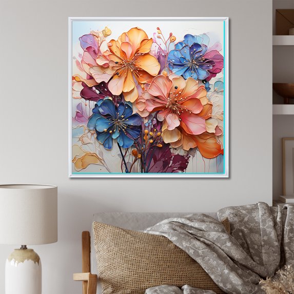 Designart "Vibrant Hydrangea Blossom In Blue And Orange" Hydrangea Floater Framed Wall Decor