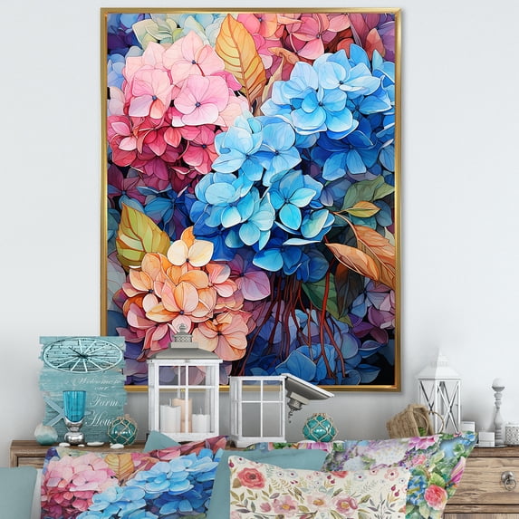 Designart "Vibrant Hydrangea Blossom In Blue And Orange II" Hydrangea Floater Framed Wall Art Prints