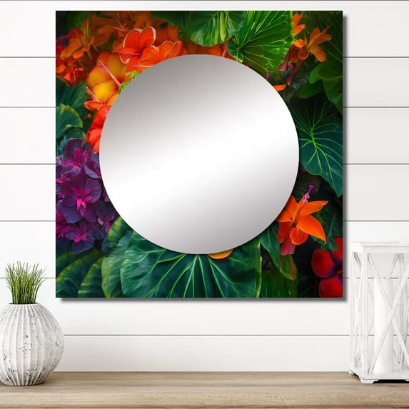 Designart "Vibrant Joy Blooming Exotic Blossoms I" Flowers Square Mirror Wall Decor Traditional - Large Yellow Square Bathroom Mirror - Square Printed Wall Mirror Art