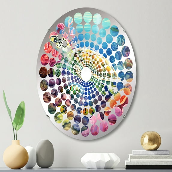 Designart "Vibrant Life of Undersea Turtles" Coastal Coral Under Water Radial Dot Round Wall Mirror - Animals Oval Printed Decorative Mirror - Multiple Color Options