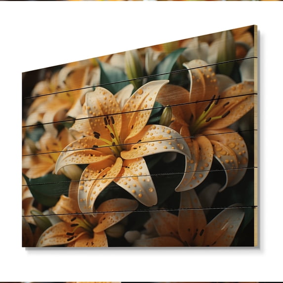 Designart "Vibrant Lilies in Yellow and White" Floral Print on Natural Pine Wood