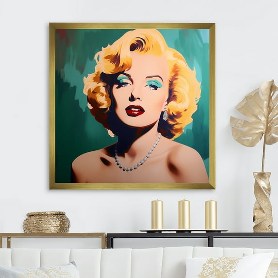 Designart "Vibrant Marilyn Monroe in Yellow and Green II" Fashion Framed Wall Art Decor - Glam Yellow Woman Pop Art Bedroom Framed Canvas Wall Art