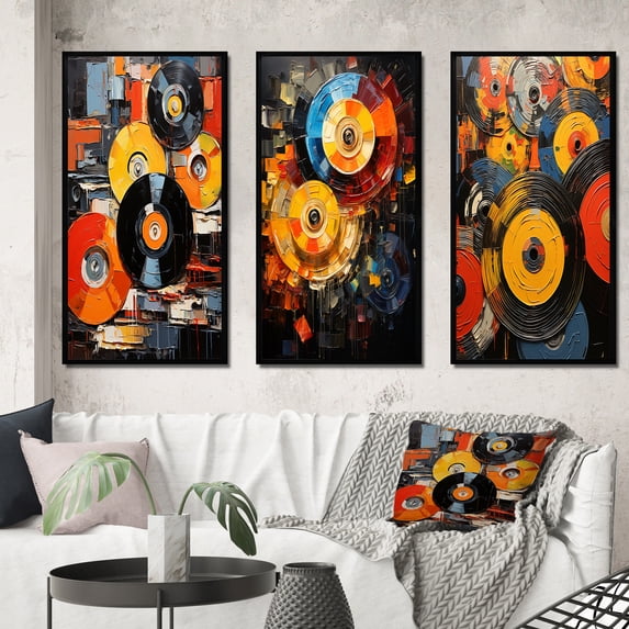 Designart "Vibrant Melodies of Vinyl Records II" Music Framed Wall Art Set Of 3 - Multi-Color Vinyl Records Frame Gallery Set For Office Decor