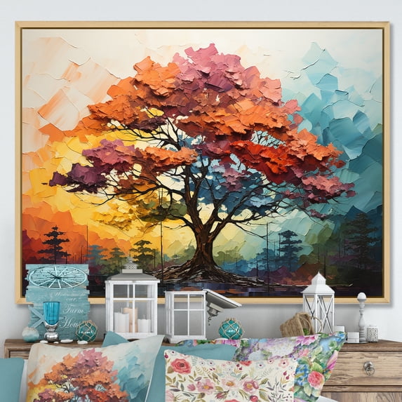 Designart "Vibrant Multicolor Redwood Tree I" Tree Redwood Floater Framed Wall Art Living Room