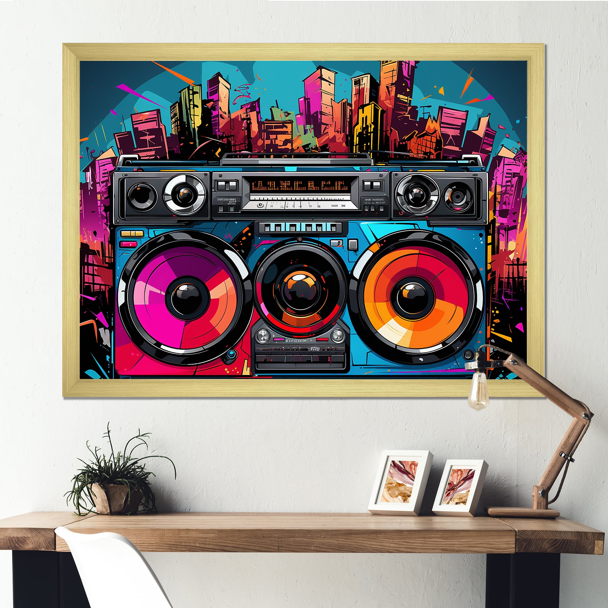 Designart "Vibrant Music Pop Art Boom Box" Fashion Framed Wall Art