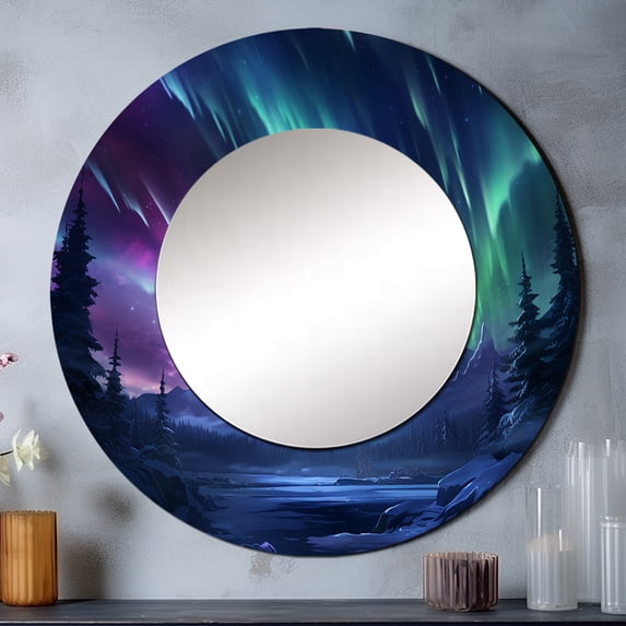 Designart "Vibrant Northern Lights Aurora s Dance" Aurora Borealis Rund Mirror For Wall Decor - Large Blue Round Print Mirror - Round Traditional Mirror - Wall Mounted Round Large Mirror - 29" x 29"