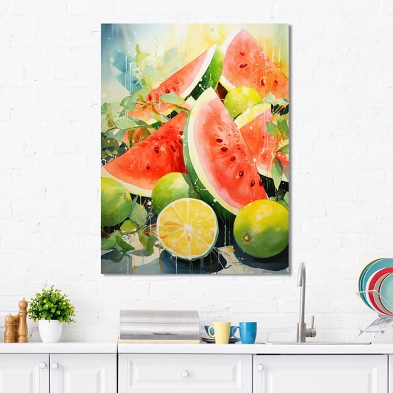 Designart "Vibrant Palette of Melons in Red I" Food & Beverage Canvas Wall Art - Traditional Red Melon Living Room Canvas Art