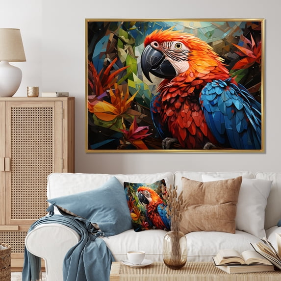 Designart "Vibrant Plumage Geometric Red Parrot" Animals Floater Framed Wall Art Living Room