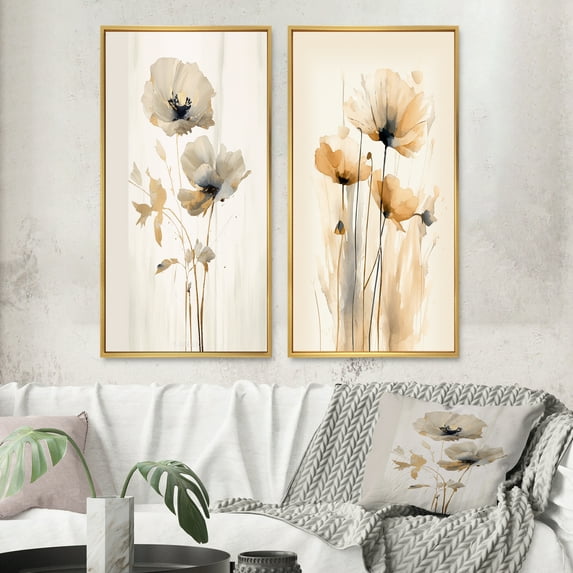 Designart "Vibrant Poppies in Cream Tones I" Floral Framed Wall Art Set Of 2 - Cream Floral Framed Canvas Set For Living Room Decor