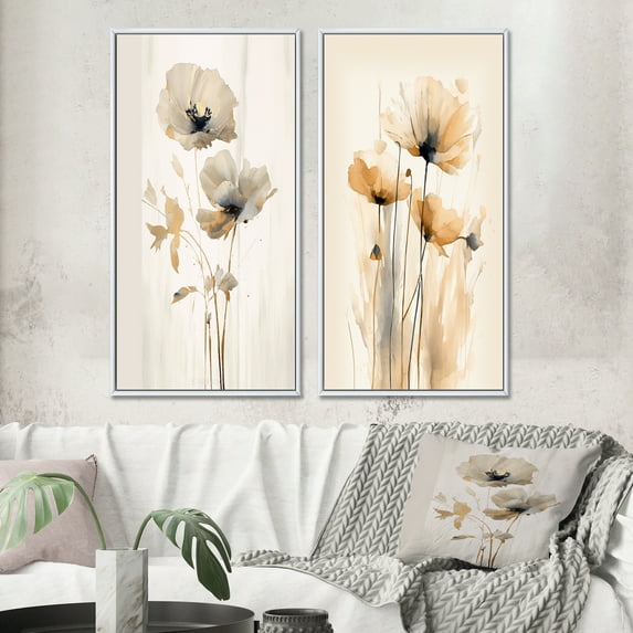 Designart "Vibrant Poppies in Cream Tones I" Floral Framed Wall Art Set Of 2 - Cream Floral Framed Canvas Set For Living Room Decor