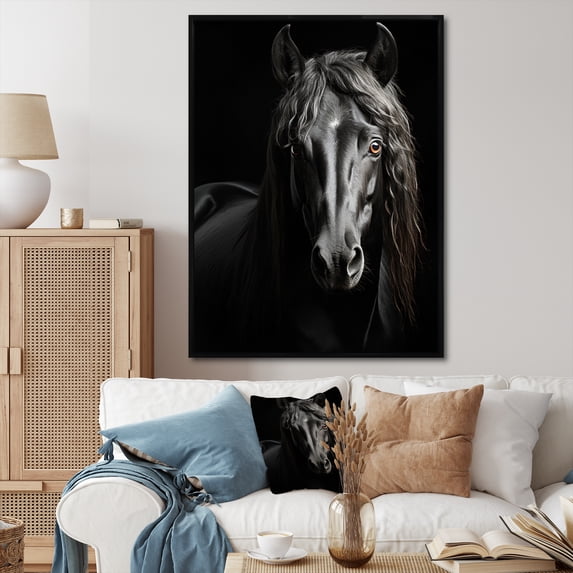 Designart "Vibrant Portrait Black White Horse" Animals Floater Framed Wall Art Print